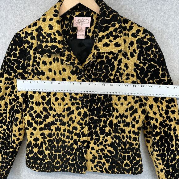 Lovely Jacket Womens Size 12 Tan Black Polyester Blend Leopard Print Button Up - Picture 10 of 13